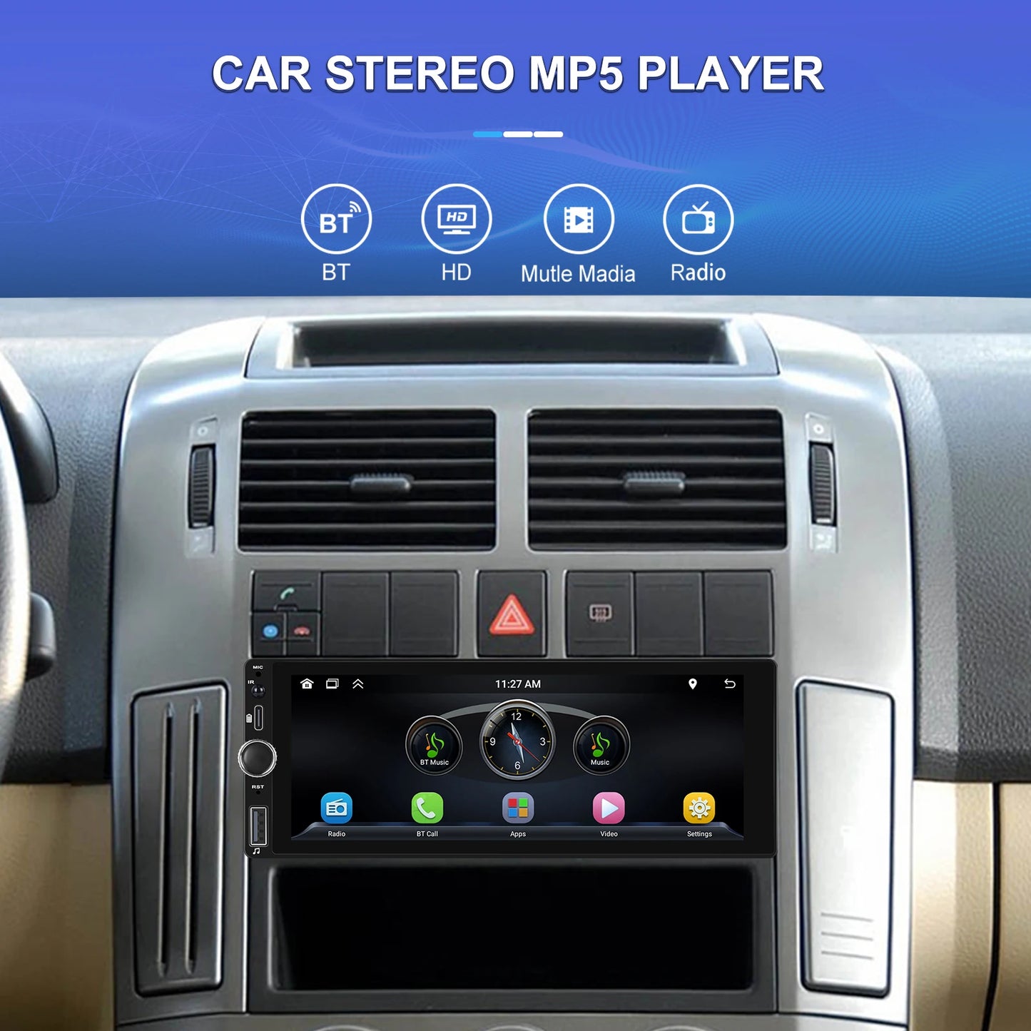 Hikity 2+64G Carplay Android 1din Car Radio Android Auto Stereo 6.86" GPS Navigation Player support FM WiFi USB Rear Camera