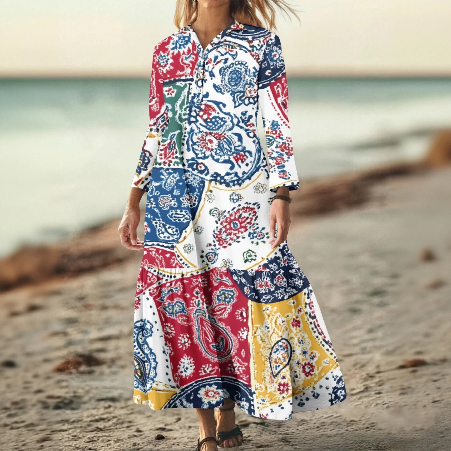 Ladies' Fashionable Temperament Autumn And Winter Button Lapel Long Sleeved Retro Printed Spring And Autumn Dress