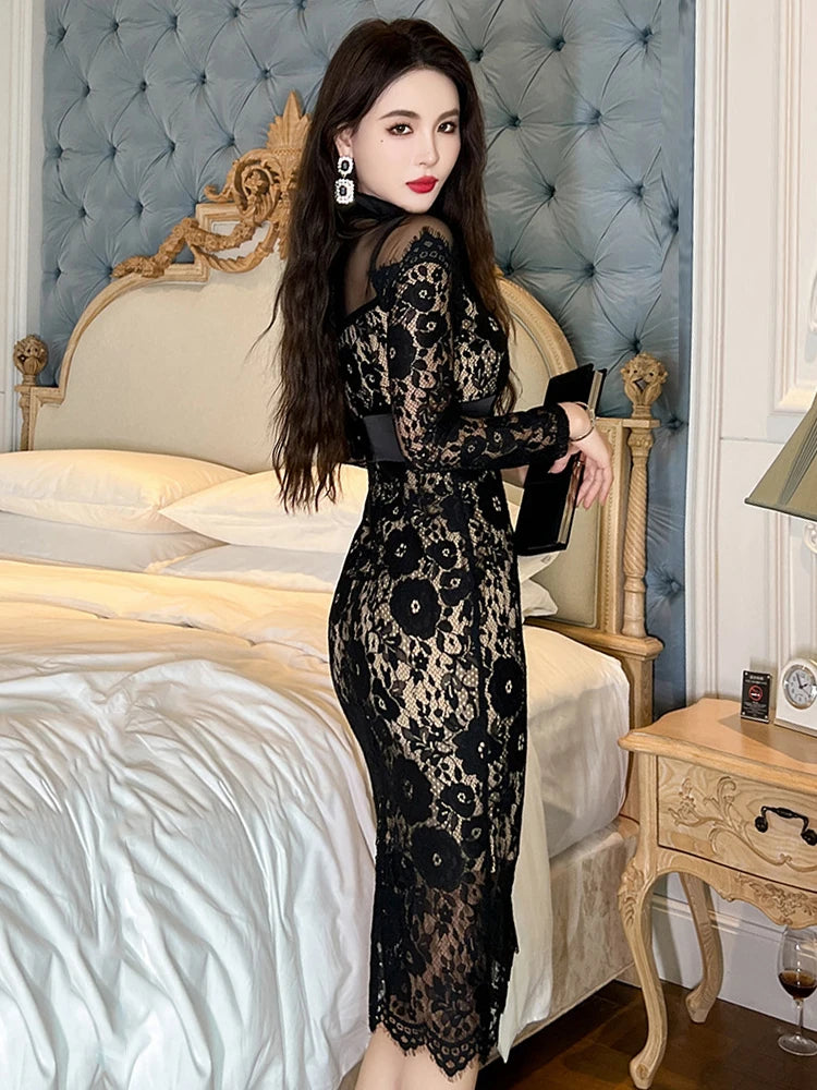Fashion Ladies Black Lace Evening Dresses Women Clothing Elegant Chic Sexy Long Sleeve Slim Party Club Prom Dress Mujer Vestidos