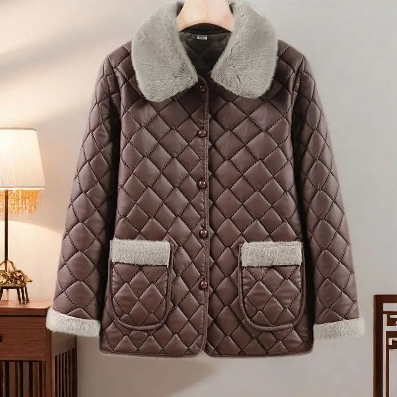 Female Winter Clothes Mother's Clothes With Added Velvet For Warmth Coat Fashionable New Short Ribbed Thickened Jacket Autumn