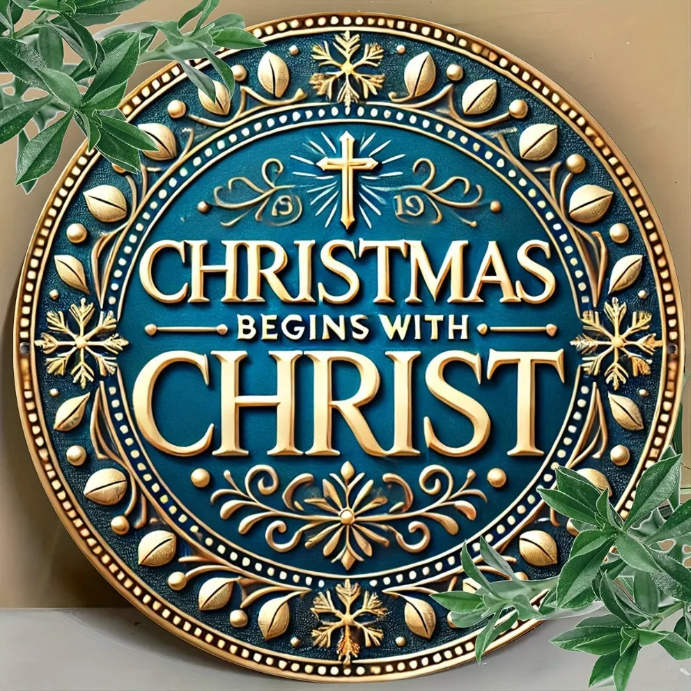 Christmas Begins with CHRIST' - Blue Christmas Sign - Metal Round Sign - For Home, Bar, Cafe, Restaurant Decor