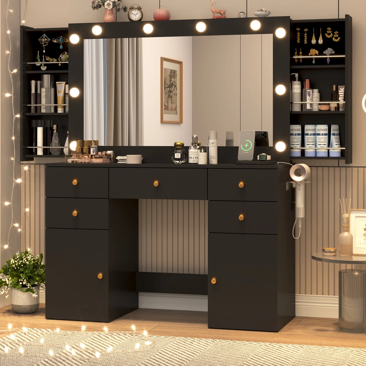 Large Vanity Desk with Lighted Mirror, Glass Top Makeup Vanity Table Set with 5 Drawers & 2 Cabinets & Stool, Power Outlet