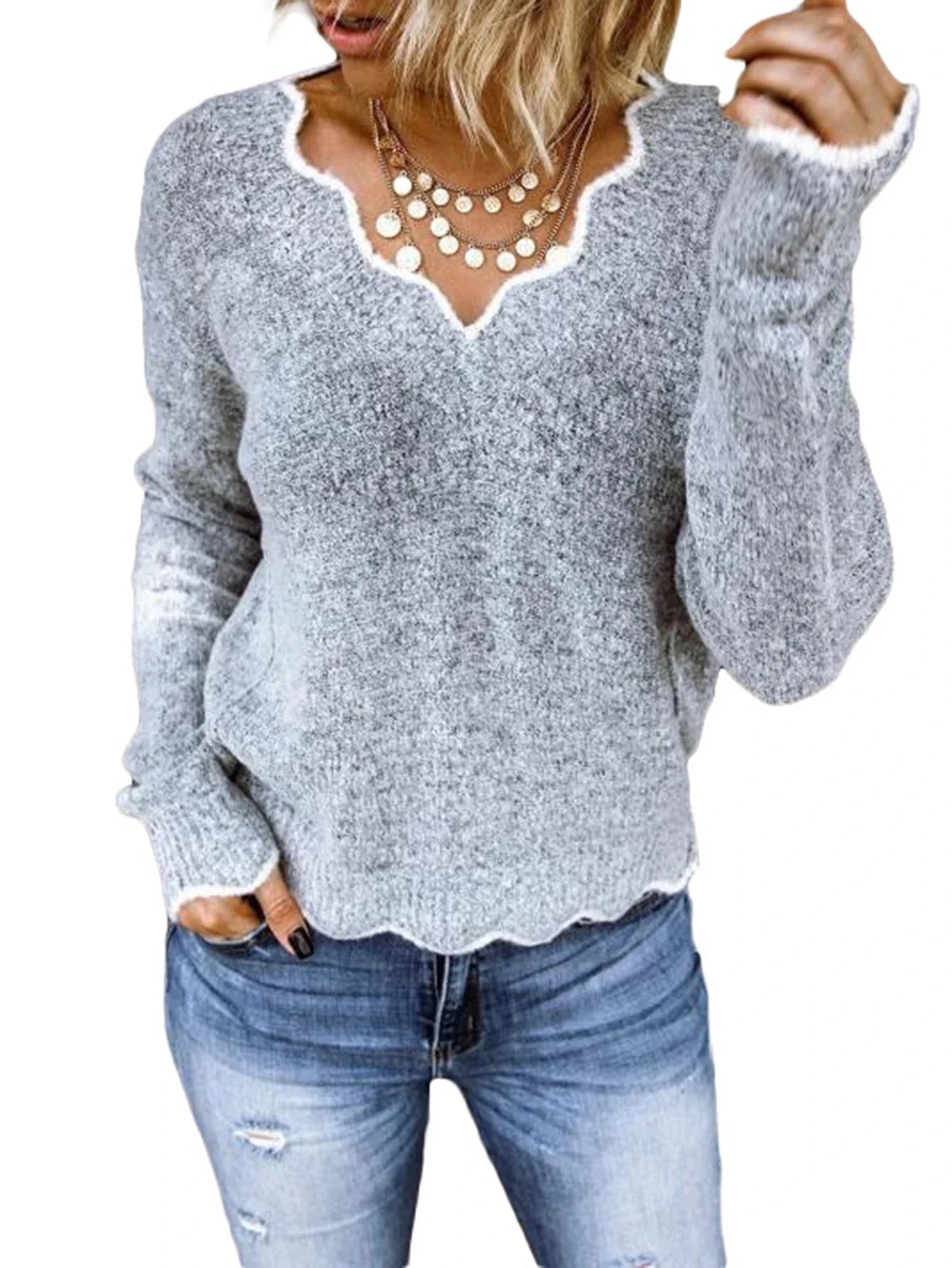 Women's Sweaters Autumn Winter Fashion Comfortable 2025 Plain Knitwear Asymmetrical Long Sleeve V-Neck Daily Sweaters
