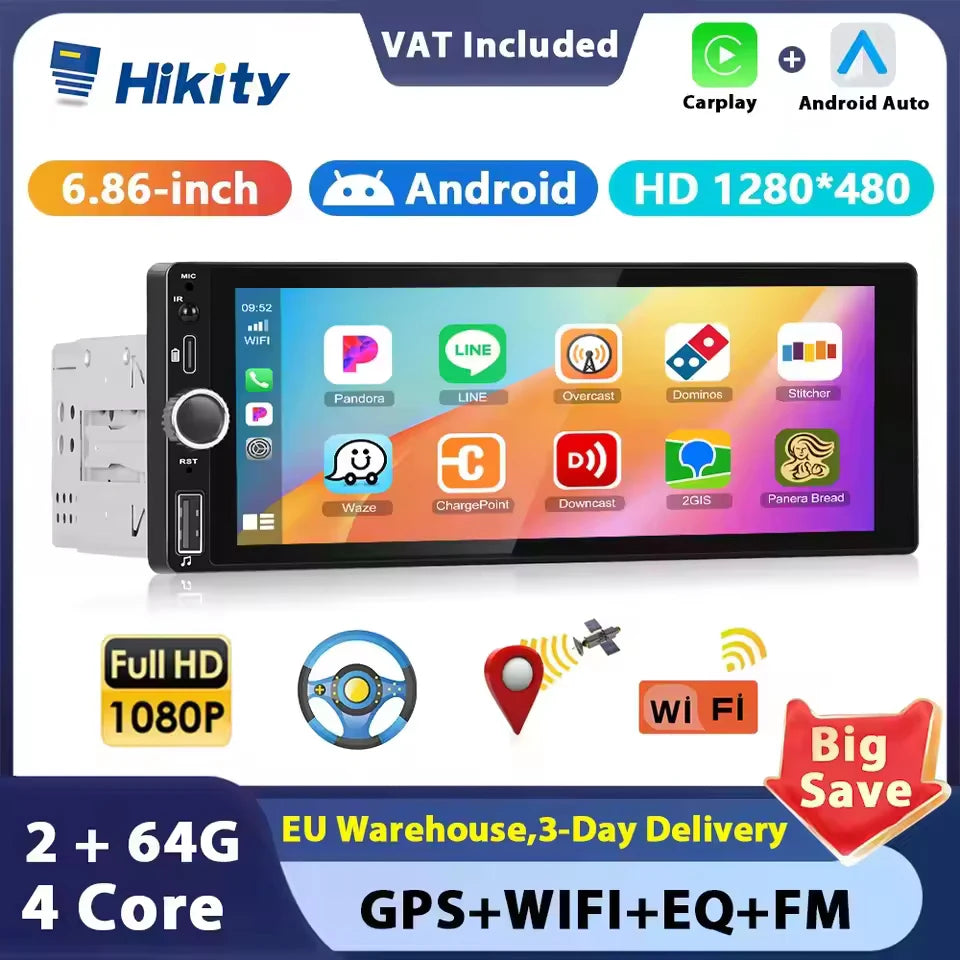 Hikity 2+64G Carplay Android 1din Car Radio Android Auto Stereo 6.86" GPS Navigation Player support FM WiFi USB Rear Camera