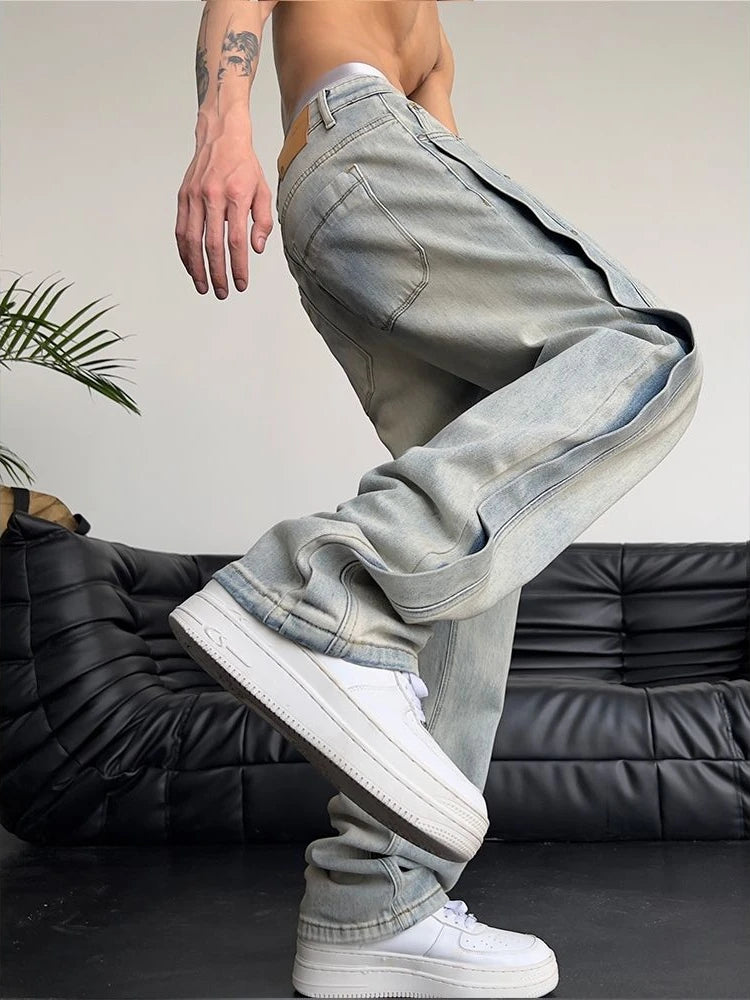 Jeans for Men Loose Light Blue Baggy Straight Man Cowboy Pants Punk Spliced Y2k Vintage Trousers 2025 Korean Autumn Trend Cotton