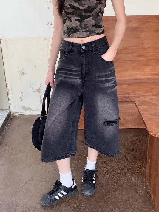 Jeans Woman 7-point Pants Summer Clothes Baggy Jorts Women's Wide Pants Shoujo Girl Style Coquette Jean Shorts High Waist Jeans
