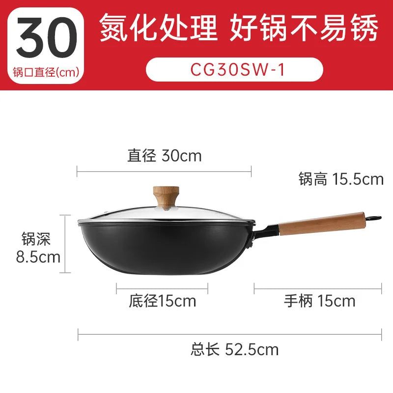 Cooker King Traditional Coating-Free Carbon Steel Wok, 30/32/34 cm Stir-Fry Pan for Gas & Induction Cooktops