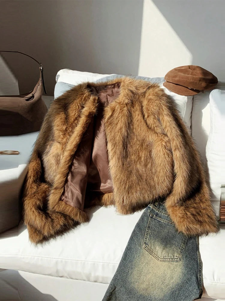 Fashion Faux Fur Coat For Women Warm Round Neck Long Sleeve Furry Short Coats 2025 Autumn Winter New Lady Streetwear Cardigans