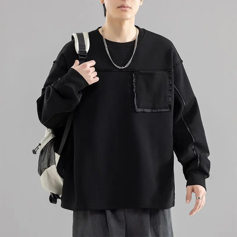 Sweatshirt Male Street Wear  Clothes American Casual Decorative Stitch Round Neck Long Sleeve Unisex Couple Autumn Fashion Top