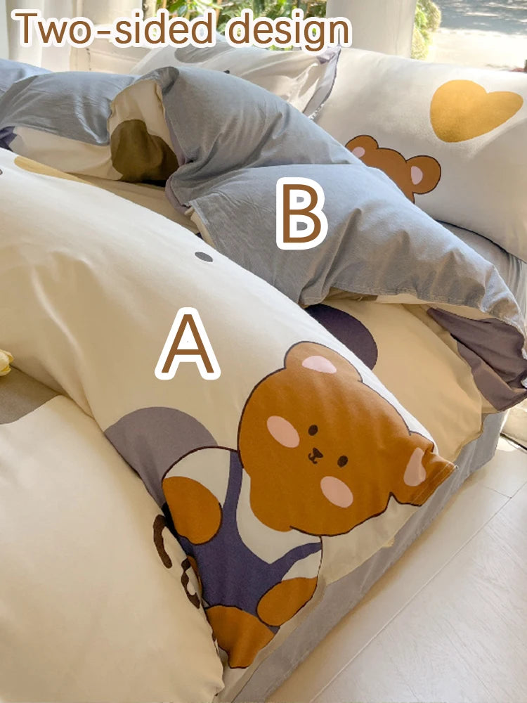 Kawaii Bear Printed Bed Set Floral Duvet Cover Pillowcase Bedding Set Cute Dog Bed Linen Sheet Quilt Cover Full Queen King Size