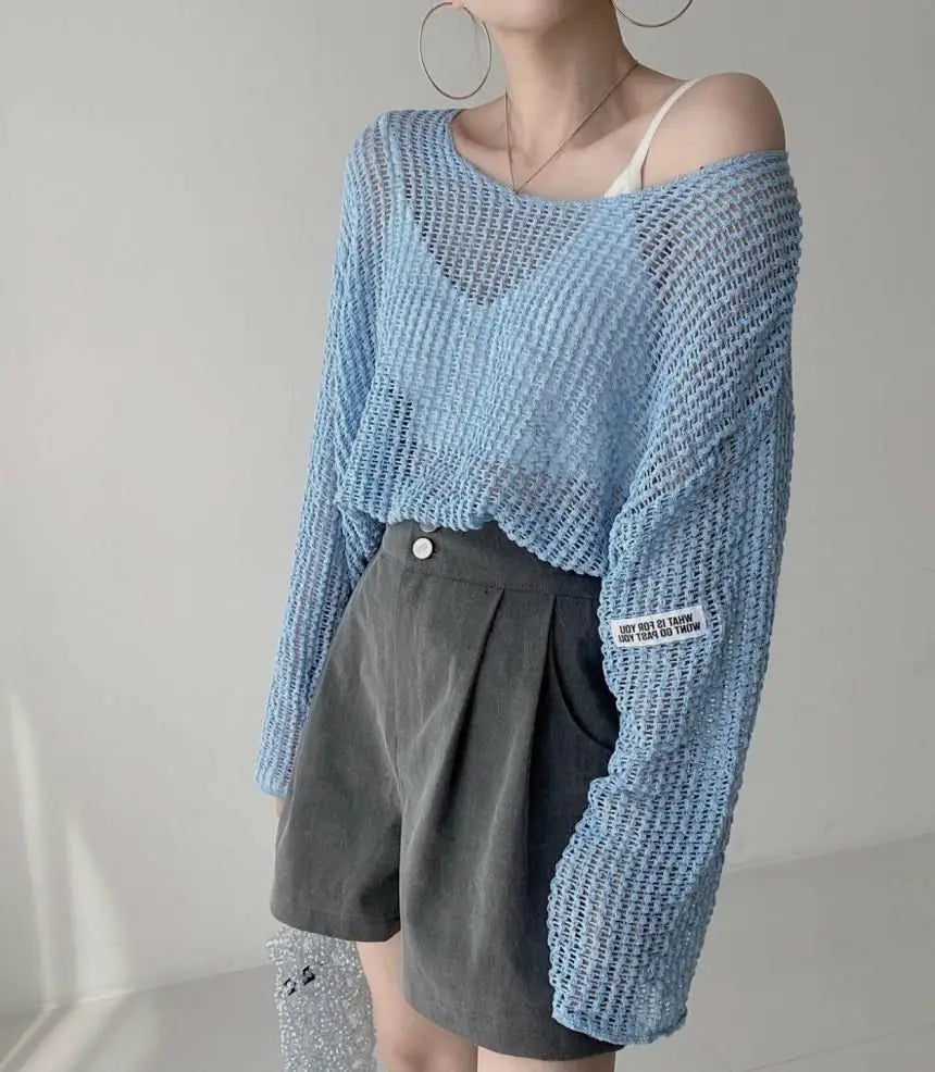 Hollow Out Pullovers Women Baggy O-neck Clothing Spring Casual Simple Elegant Vintage See-through Streetwear Lady Ulzzang Tender