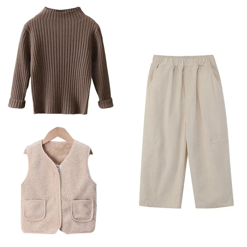 Winter Children's Outfits Kids Warm Thick Vest Coat and Knit Long Sleeve Sweater and Pants Clothes Sets Baby Girls Boys Clothing
