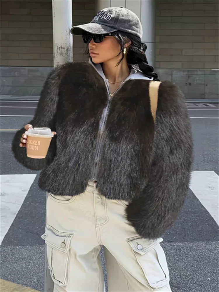 Fashion Faux Fur Coat For Women Warm Round Neck Long Sleeve Furry Short Coats 2025 Autumn Winter New Lady Streetwear Cardigans
