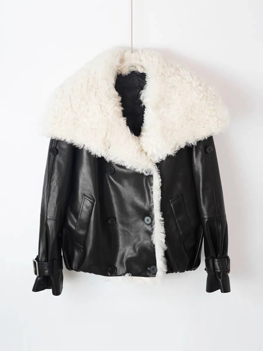 Winter in Coats & Jackets for Women 2025 Genuine Leather Jacket Female Large Wool Lapel Stylish Motorcycle Warm Short Coat With