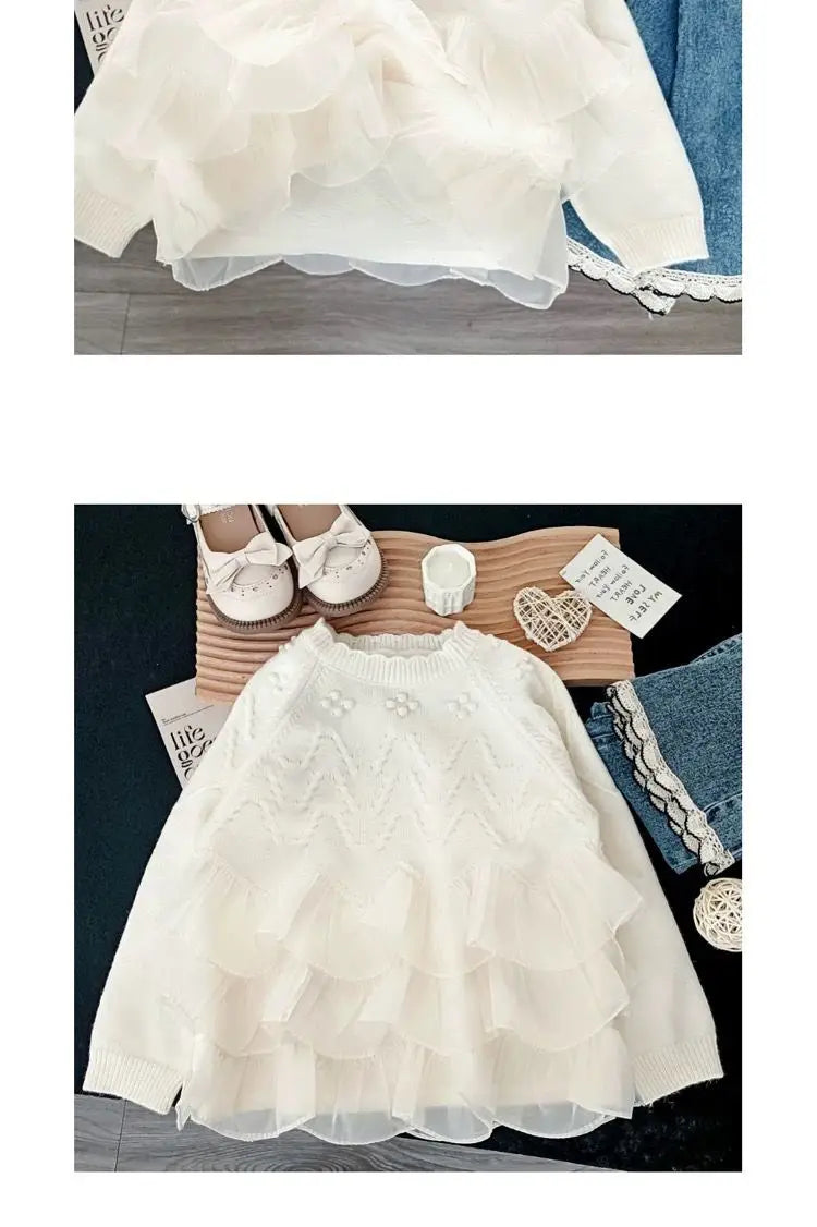 Sweaters Girls Sweater with Trendy Spring Autumn Korean Style Beautiful Lace White Top for Little Girls Princess Style 2025