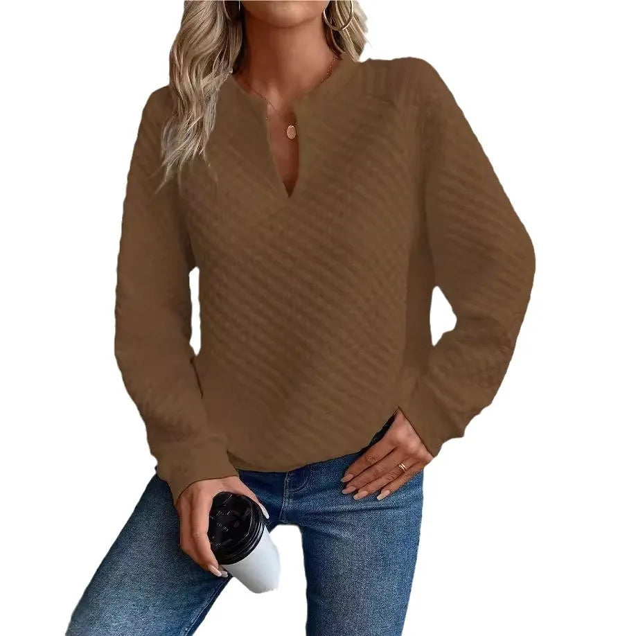 Women Sweatshirt 2025 Spring Autumn Latest Fashion Solid Color Deep V-Neck Pullover Long Sleeved Casual Hoodie Loose Sporty Top