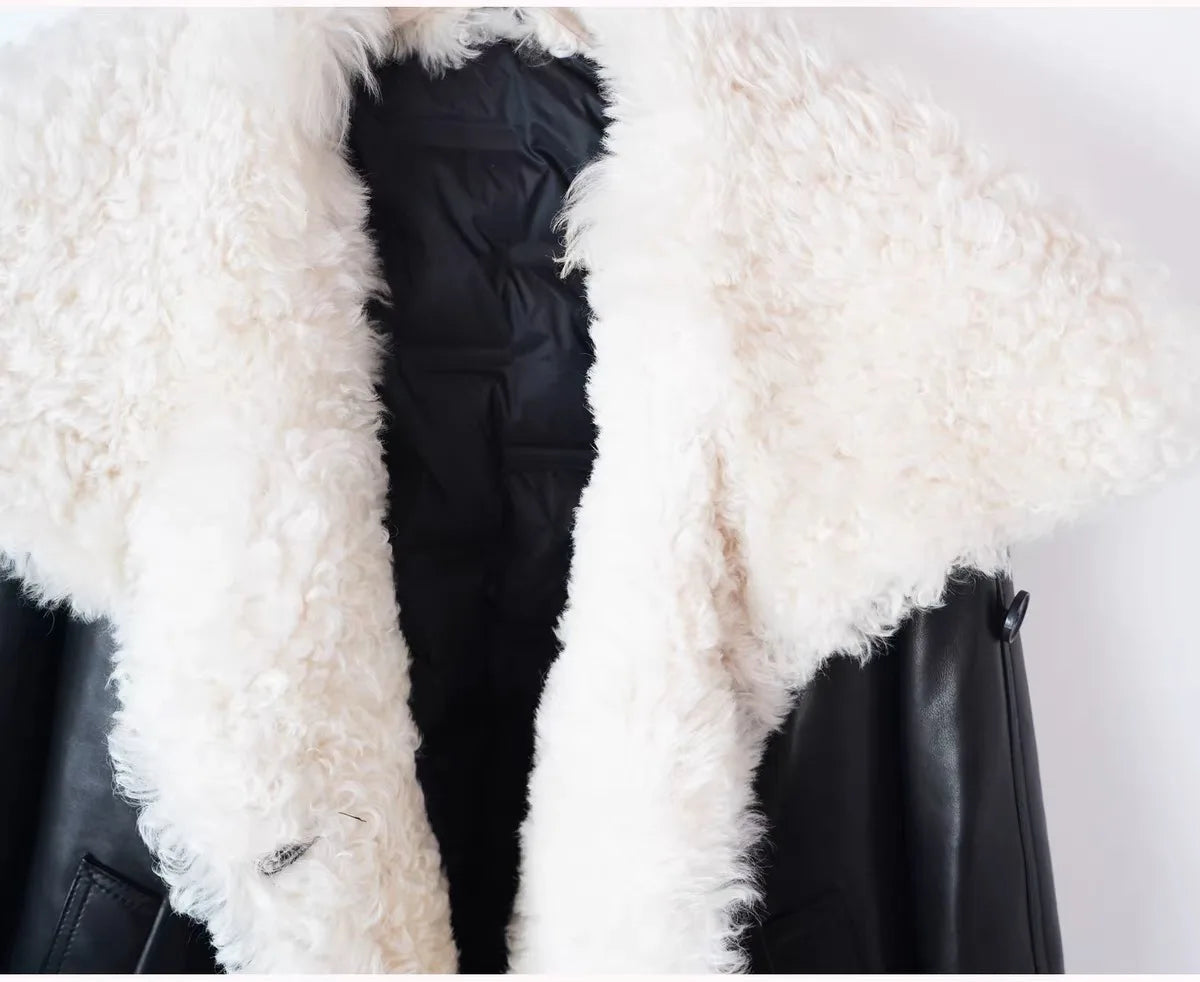 Winter in Coats & Jackets for Women 2025 Genuine Leather Jacket Female Large Wool Lapel Stylish Motorcycle Warm Short Coat With