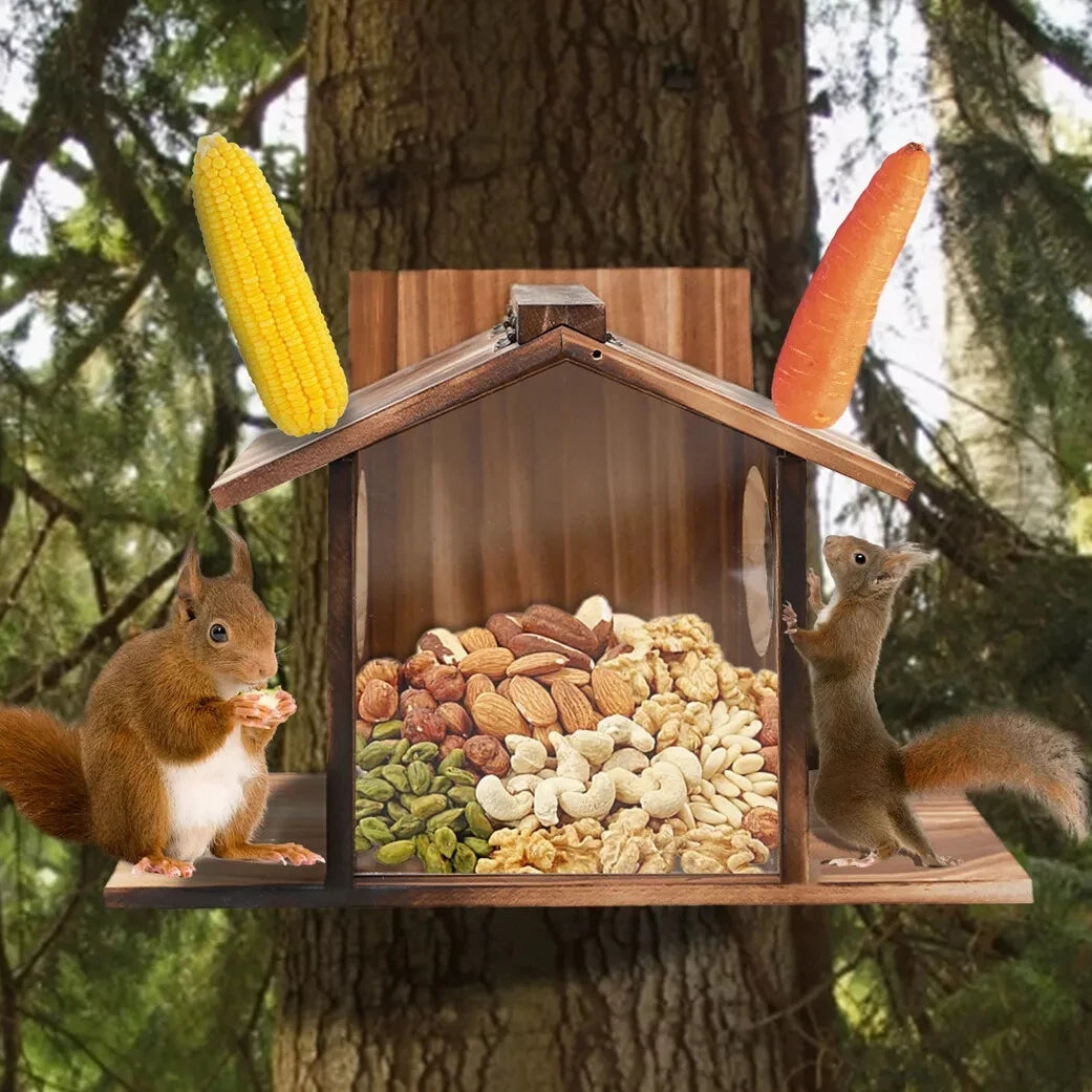 Bingopaw Wood Squirrel Feeder Outside Winter Wooden Chipmunk Feeder Corn Peanuts