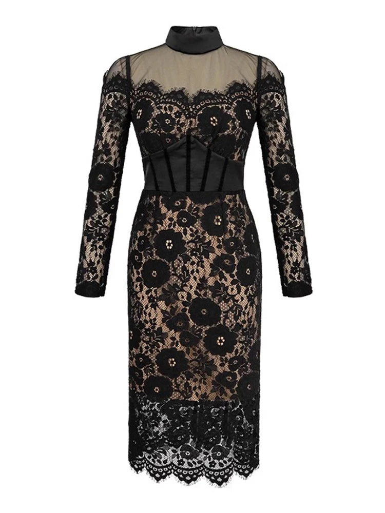 Fashion Ladies Black Lace Evening Dresses Women Clothing Elegant Chic Sexy Long Sleeve Slim Party Club Prom Dress Mujer Vestidos