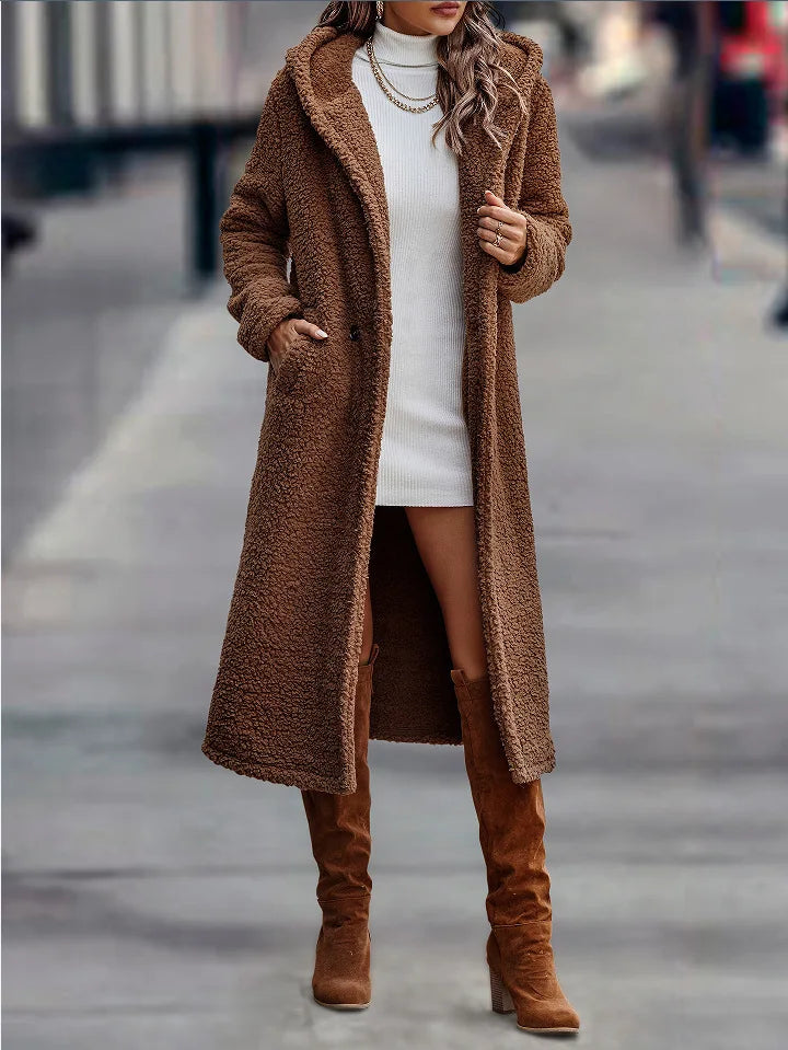 Hooded Coats Long Coat Women Work Turn Down Collar Warm Thick Work Trench Streetwear Elegant Jackets Open Stith Autumn Winter
