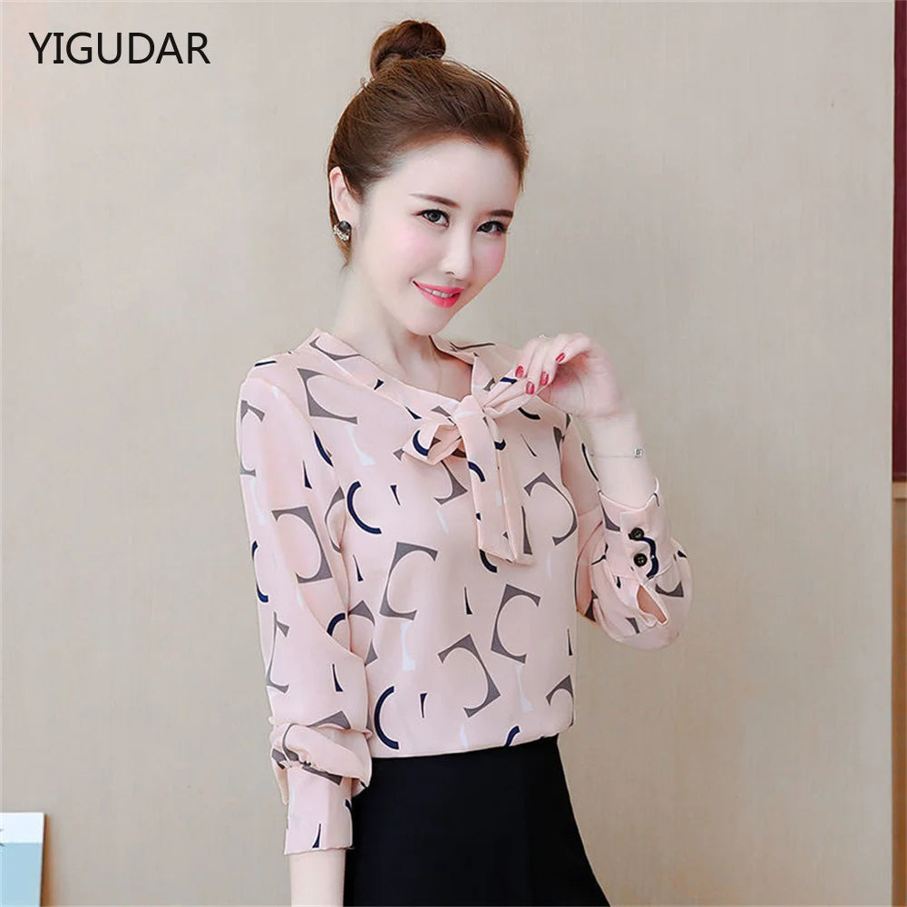 Fashion Female Elegant Bow Tie  pink Blouses Chiffon Collar Casual Shirt Office Ladies Blouse Summer Blouses for Women