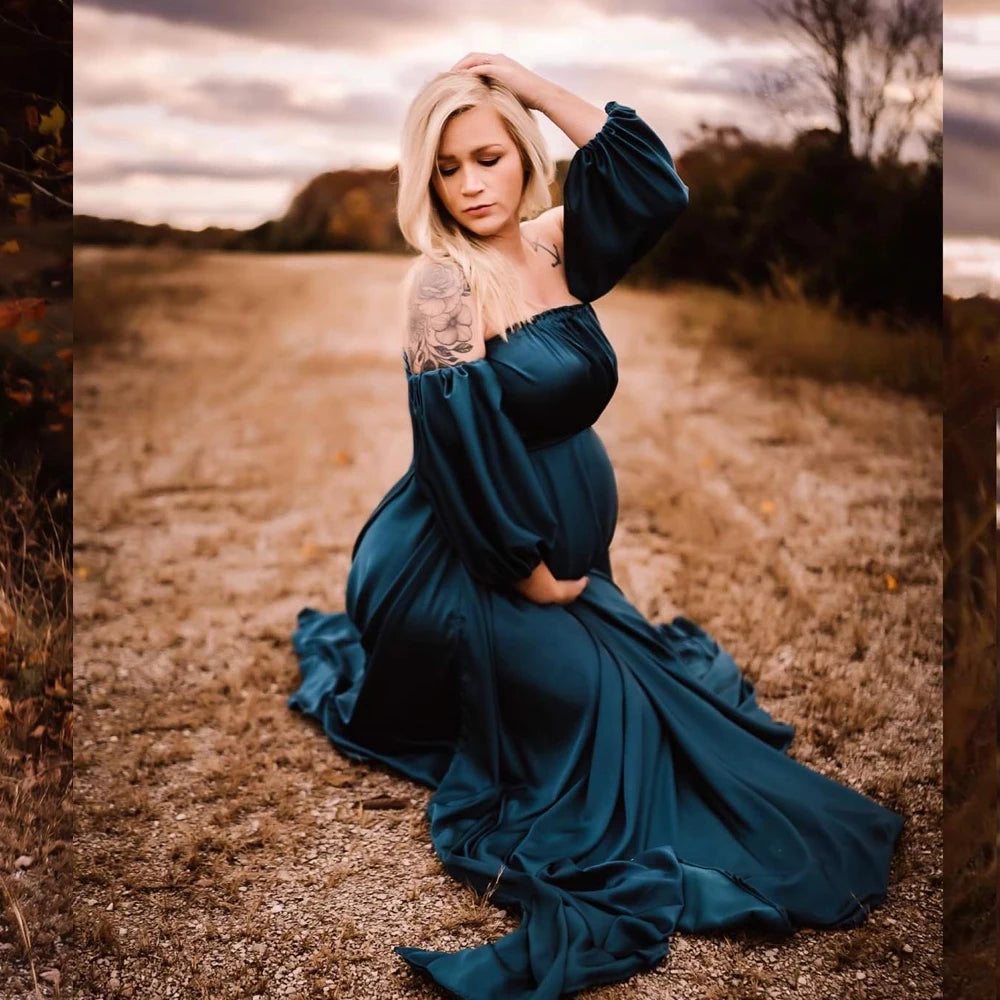 Maternity Gown Dress For Pregnancy Photo Shoot Props Gown for Baby Shower Gift Elegant Off Shoulder Side Split Satin Dress