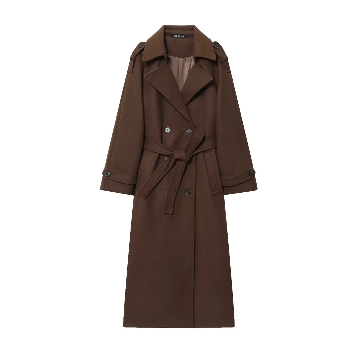 HH Winter Elegant Women Turn-Down Collar Long Coat Solid Long Sleeves Pocket Belt Double-Breasted Female Slim Windbreaker Coats