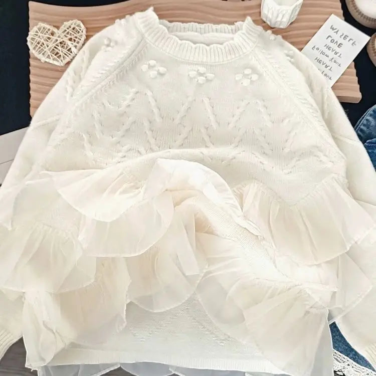 Sweaters Girls Sweater with Trendy Spring Autumn Korean Style Beautiful Lace White Top for Little Girls Princess Style 2025