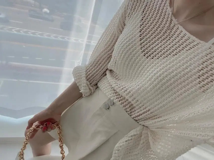Hollow Out Pullovers Women Baggy O-neck Clothing Spring Casual Simple Elegant Vintage See-through Streetwear Lady Ulzzang Tender