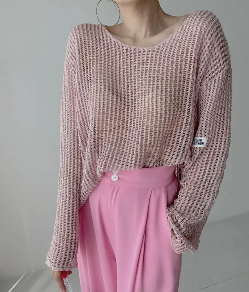 Hollow Out Pullovers Women Baggy O-neck Clothing Spring Casual Simple Elegant Vintage See-through Streetwear Lady Ulzzang Tender