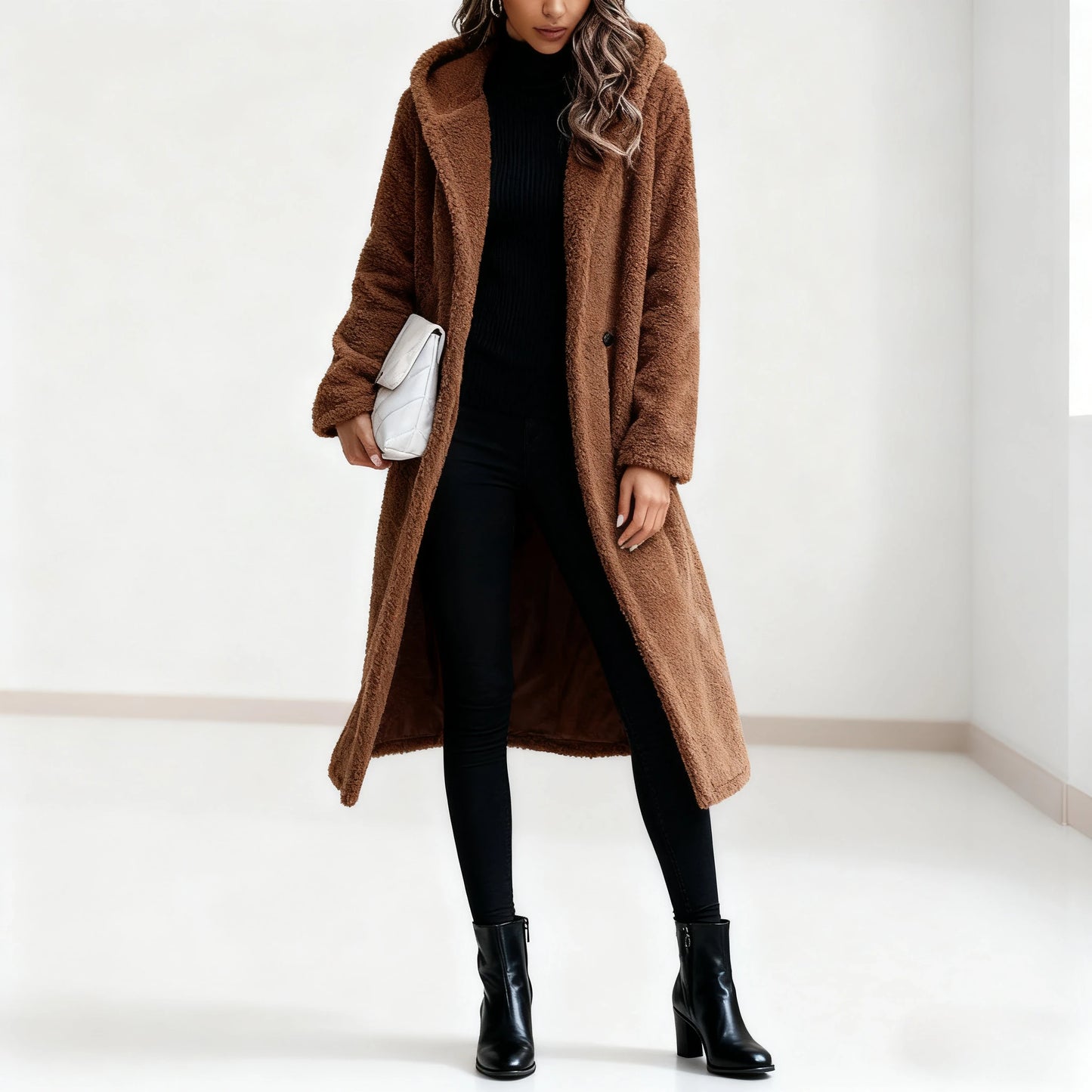 Hooded Coats Long Coat Women Work Turn Down Collar Warm Thick Work Trench Streetwear Elegant Jackets Open Stith Autumn Winter