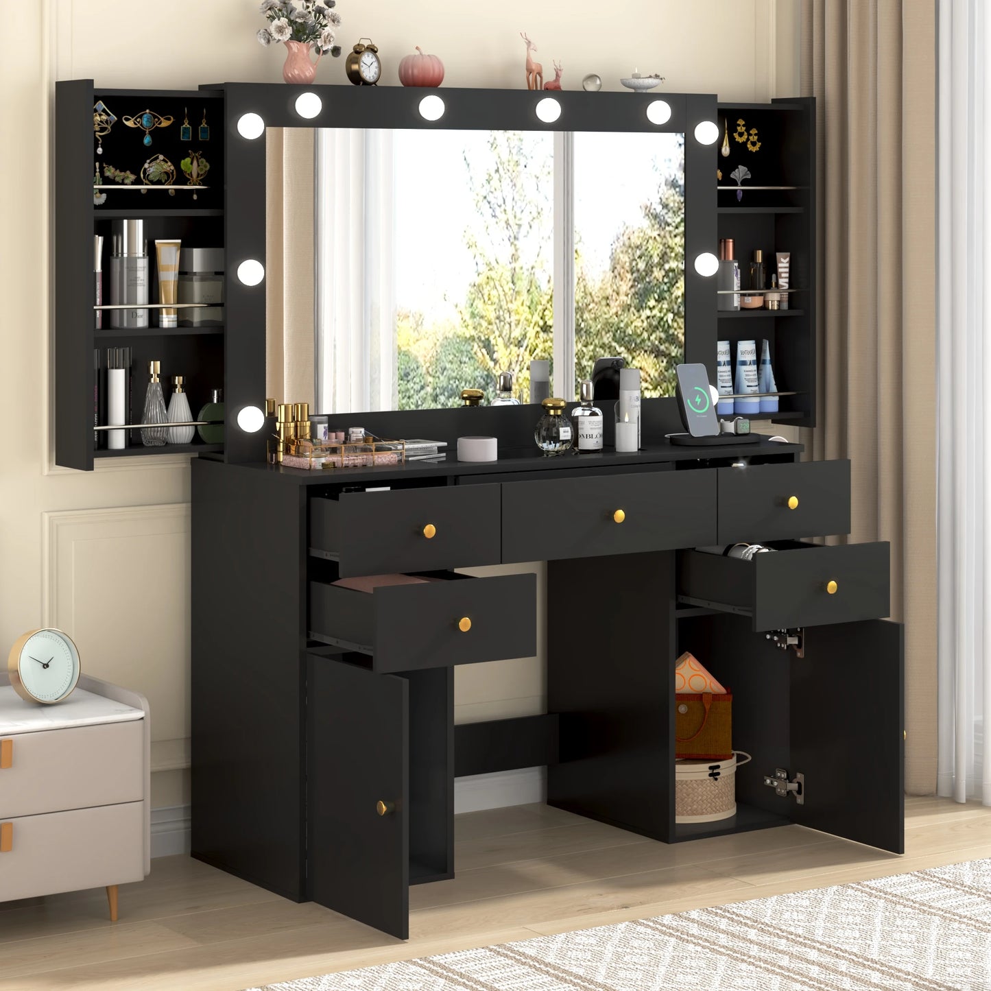 Large Vanity Desk with Lighted Mirror, Glass Top Makeup Vanity Table Set with 5 Drawers & 2 Cabinets & Stool, Power Outlet