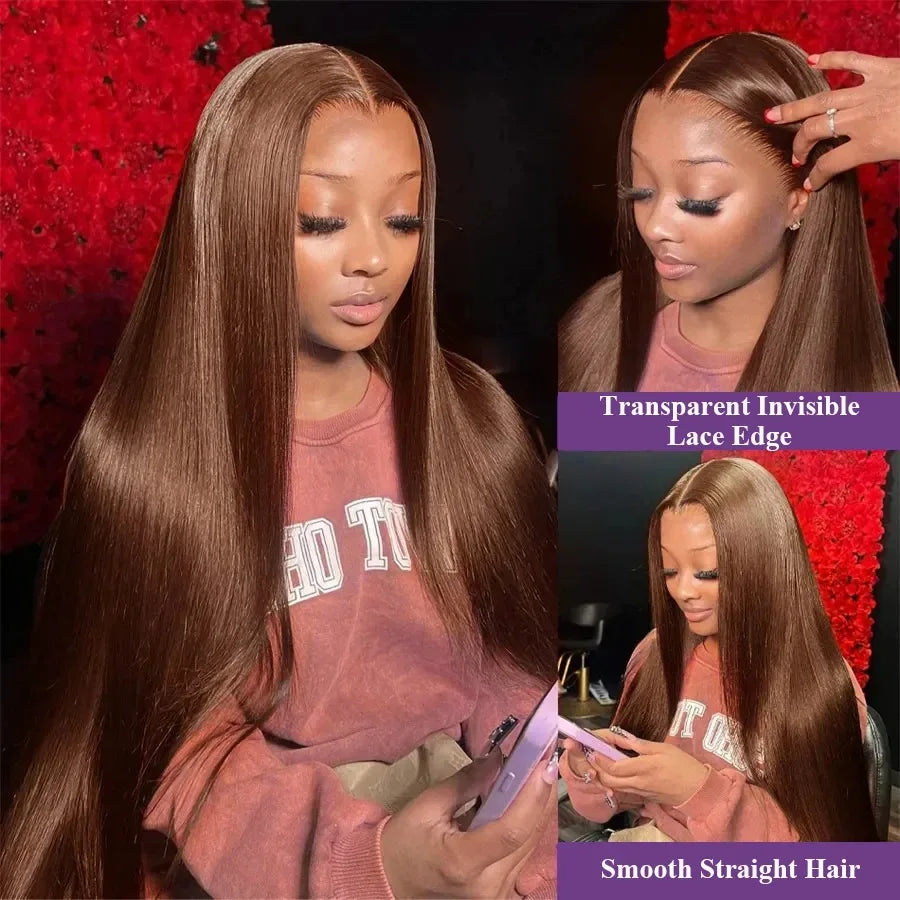 Chocolate Brown Colored Straight Lace Closure Wigs 4x4 Lace Closure Human Hair Wigs 200 Density Lace Wigs Baby Hair For Women