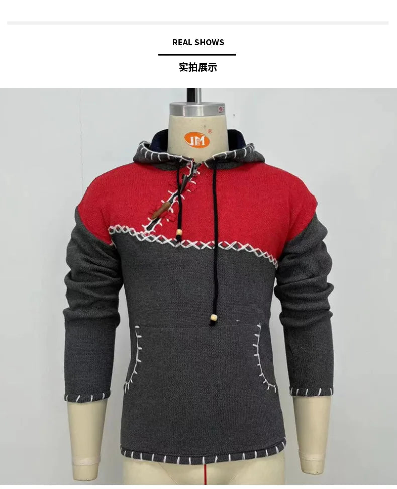 Pullovers Men Sweatshirts Sweaters Pockets Casual Loose Splice Hooded Knitted Drawstring Regular Thick Tops Autumn Winter