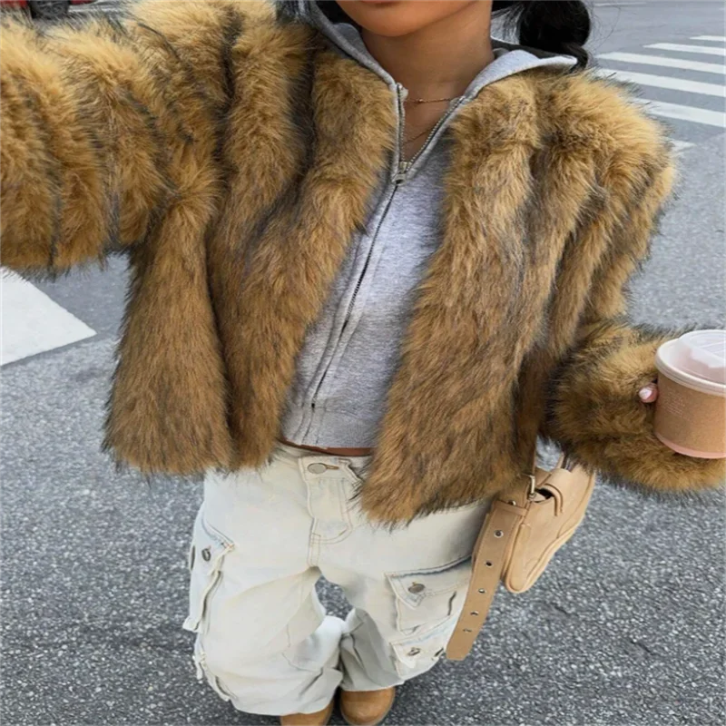 Fashion Faux Fur Coat For Women Warm Round Neck Long Sleeve Furry Short Coats 2025 Autumn Winter New Lady Streetwear Cardigans