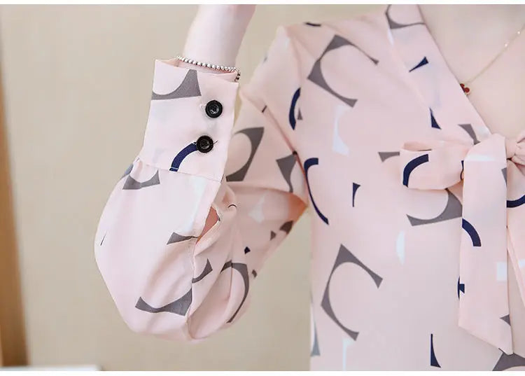 Fashion Female Elegant Bow Tie  pink Blouses Chiffon Collar Casual Shirt Office Ladies Blouse Summer Blouses for Women
