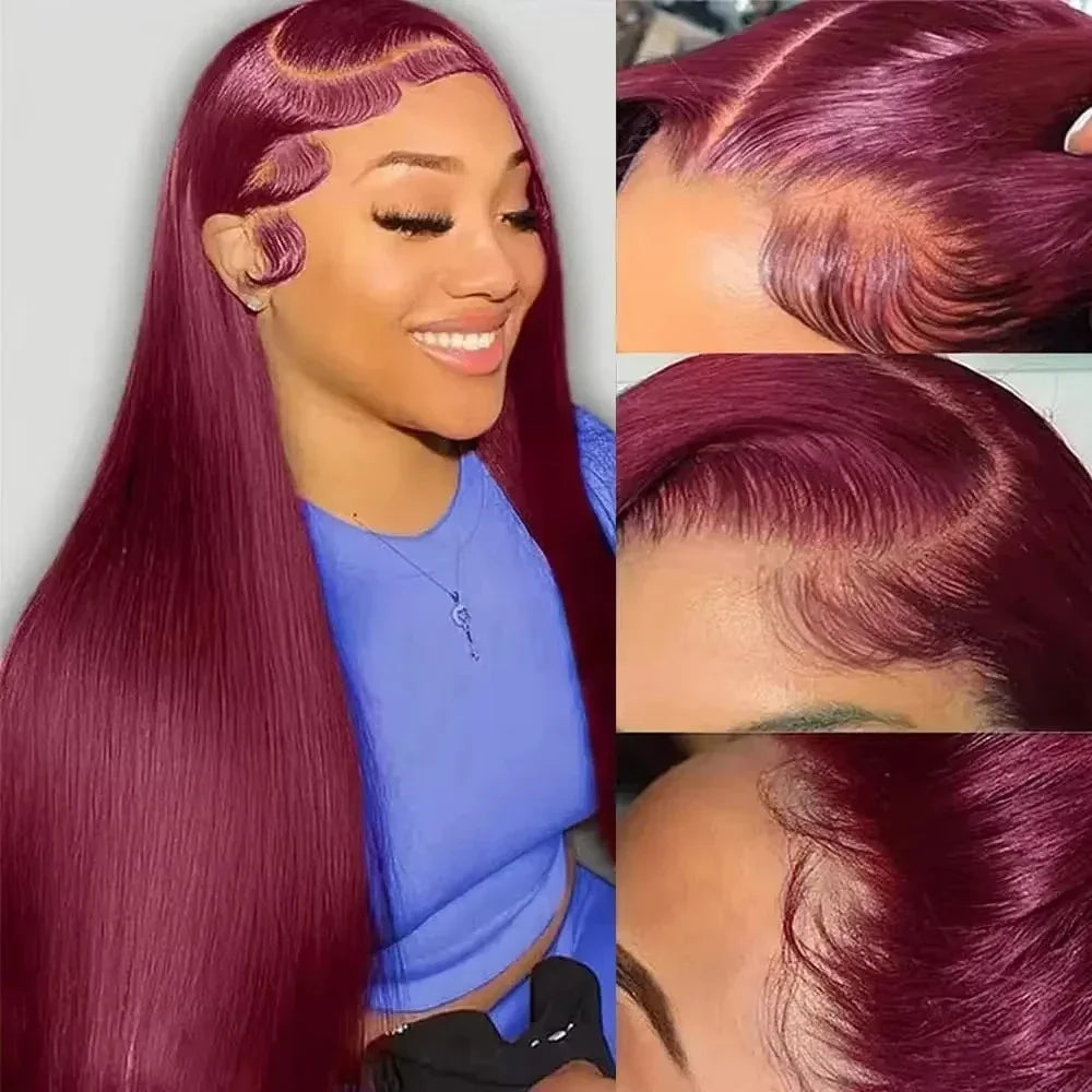 Straight Burgundy 99j Color Wig 180 Density Transparent Lace Frontal Human Hair Wig 13x6 Lace Frontal Human Wigs For Women