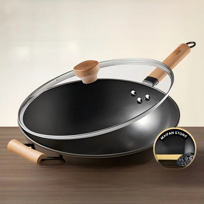 Cooker King Traditional Coating-Free Carbon Steel Wok, 30/32/34 cm Stir-Fry Pan for Gas & Induction Cooktops
