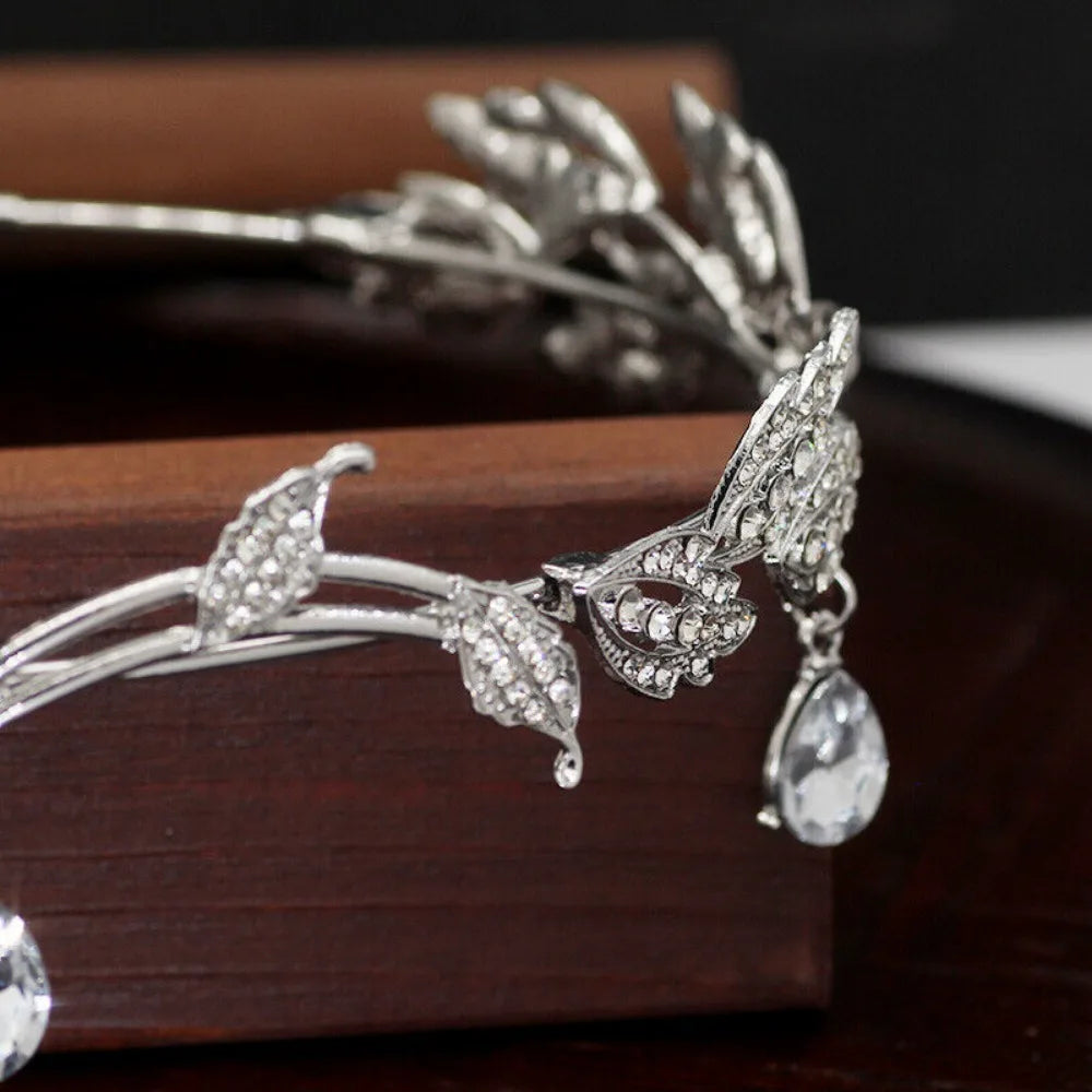 Rhinestone Leaf Wedding Tiara Headband for Brides, Silver Crown Headband for Pageants Wedding Prom Birthday