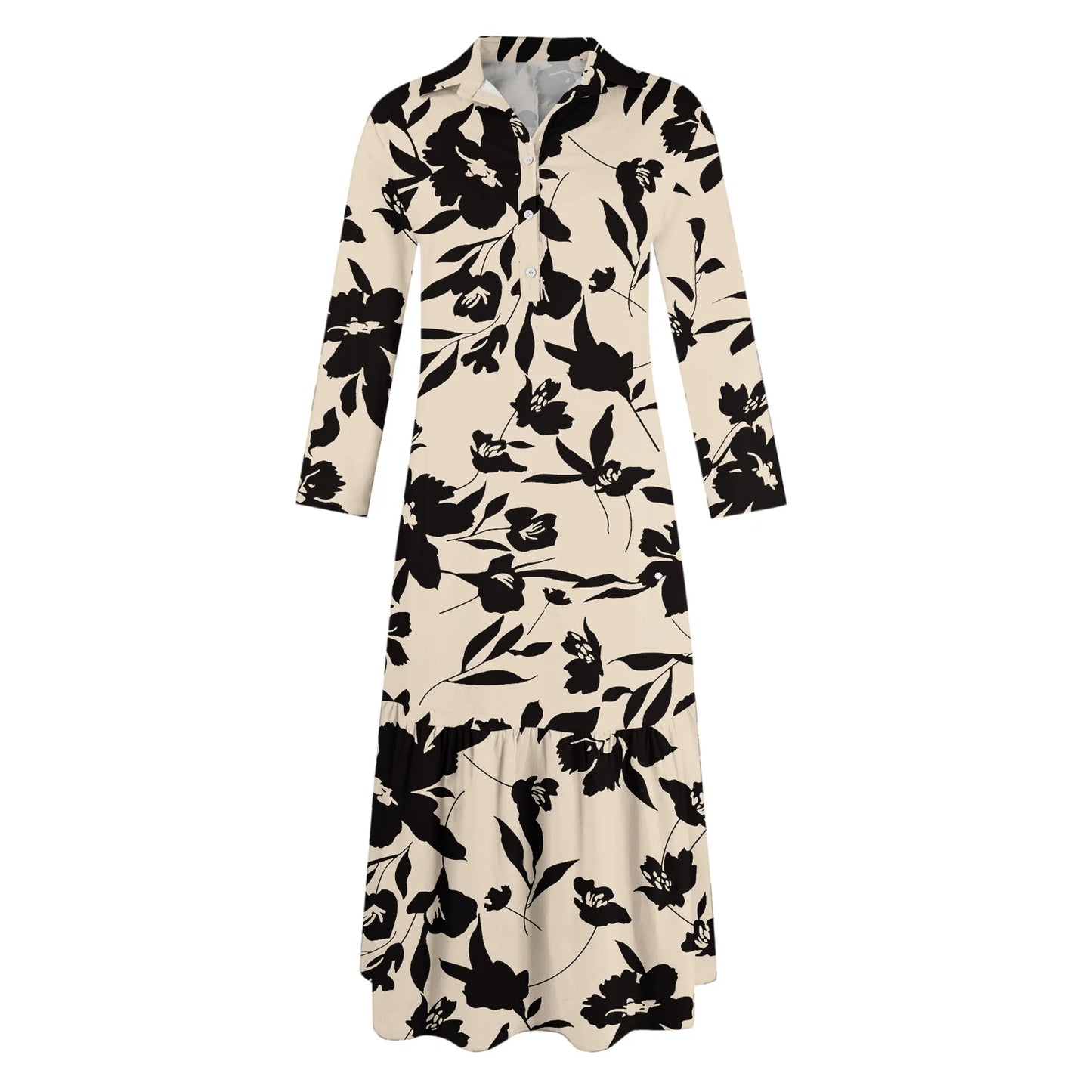 Ladies' Fashionable Temperament Autumn And Winter Button Lapel Long Sleeved Retro Printed Spring And Autumn Dress