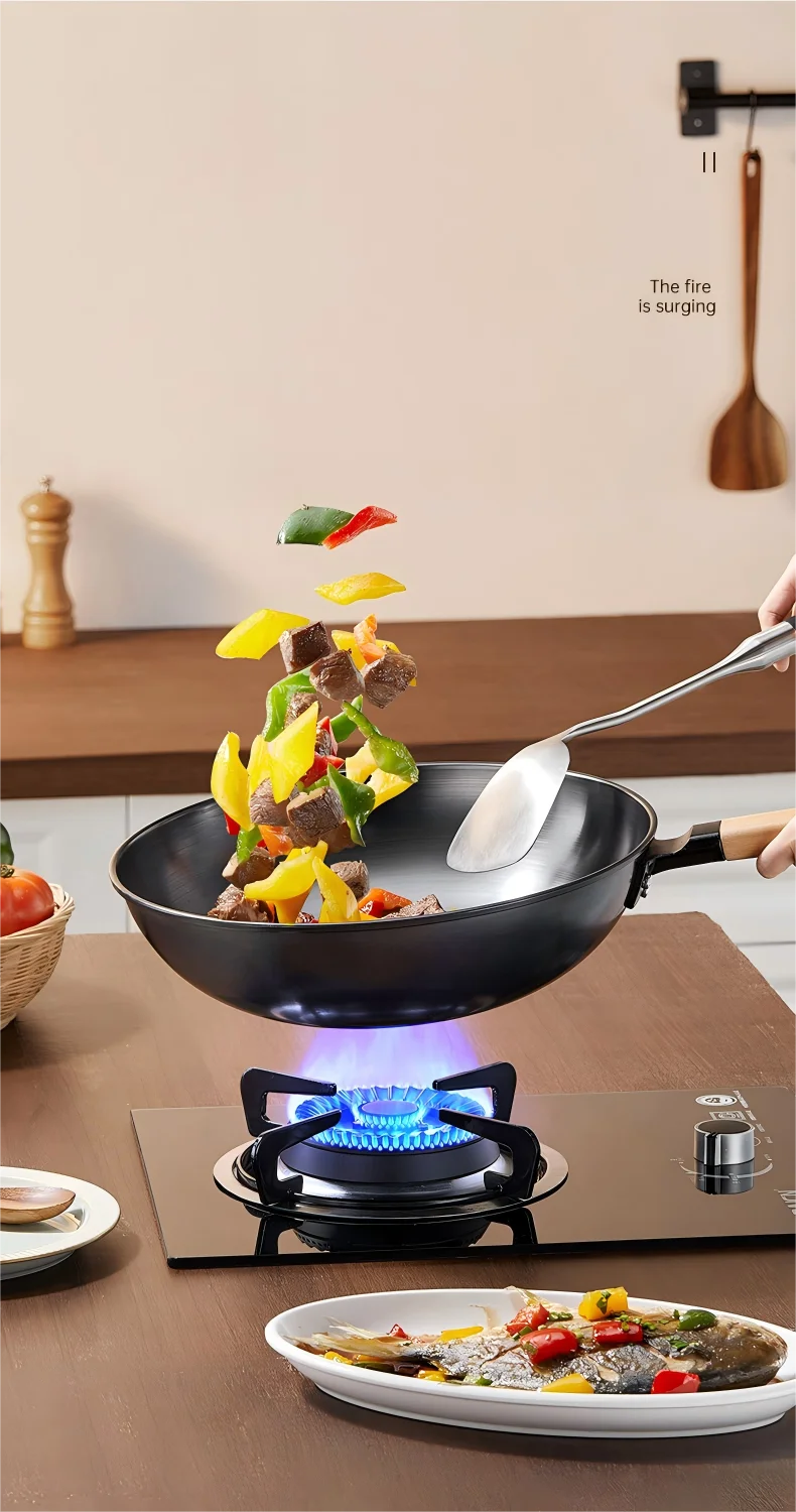Cooker King Traditional Coating-Free Carbon Steel Wok, 30/32/34 cm Stir-Fry Pan for Gas & Induction Cooktops