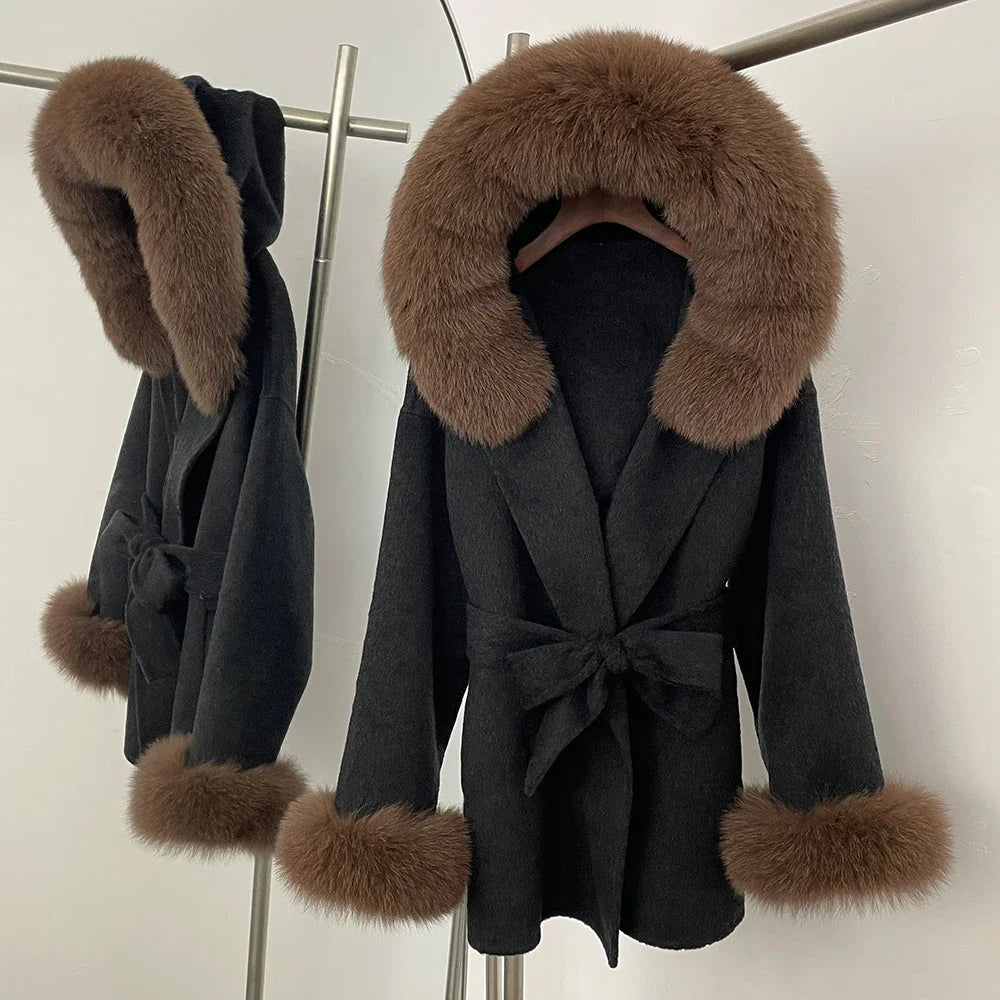 Real Fur Wool Coat Women Clothing Hooded Autumn Winter Commute Fur Coat 2025 Fashion Clothes Lady Raccoon Fur Woolen Jacket