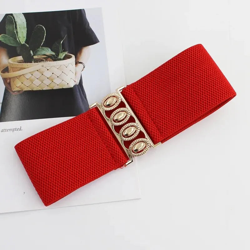 Women Belt Fashion Elastic Waist Cover Golden Buckle Elastic Waist Closure Versatile Wide Belt Paired With Dress Coat Lady Belts
