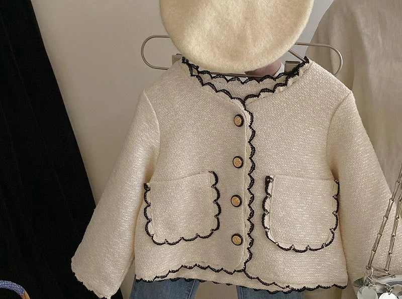 Coats Korean Childrens Clothing Autumn Season New Girls Open Stitch Lace Flower Edge Soild Sweet Versatile Style