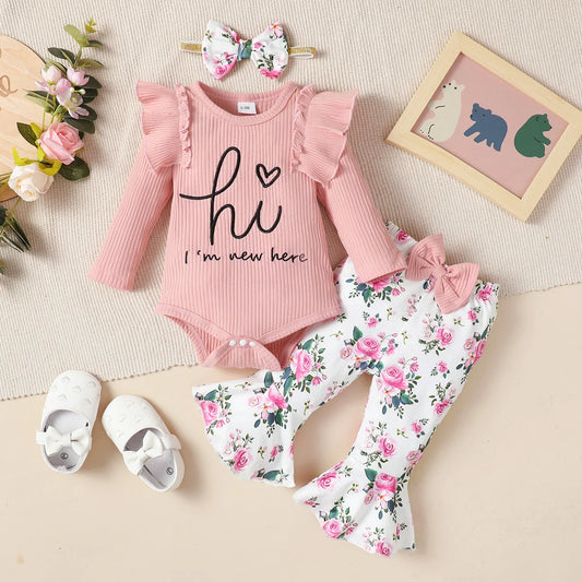 Winter  0-1  Years  Old  Infnat  Baby  Boys Long Sleeved Striped Letter Embroidered Top  And  Printed  Pants   Three-Piece Set
