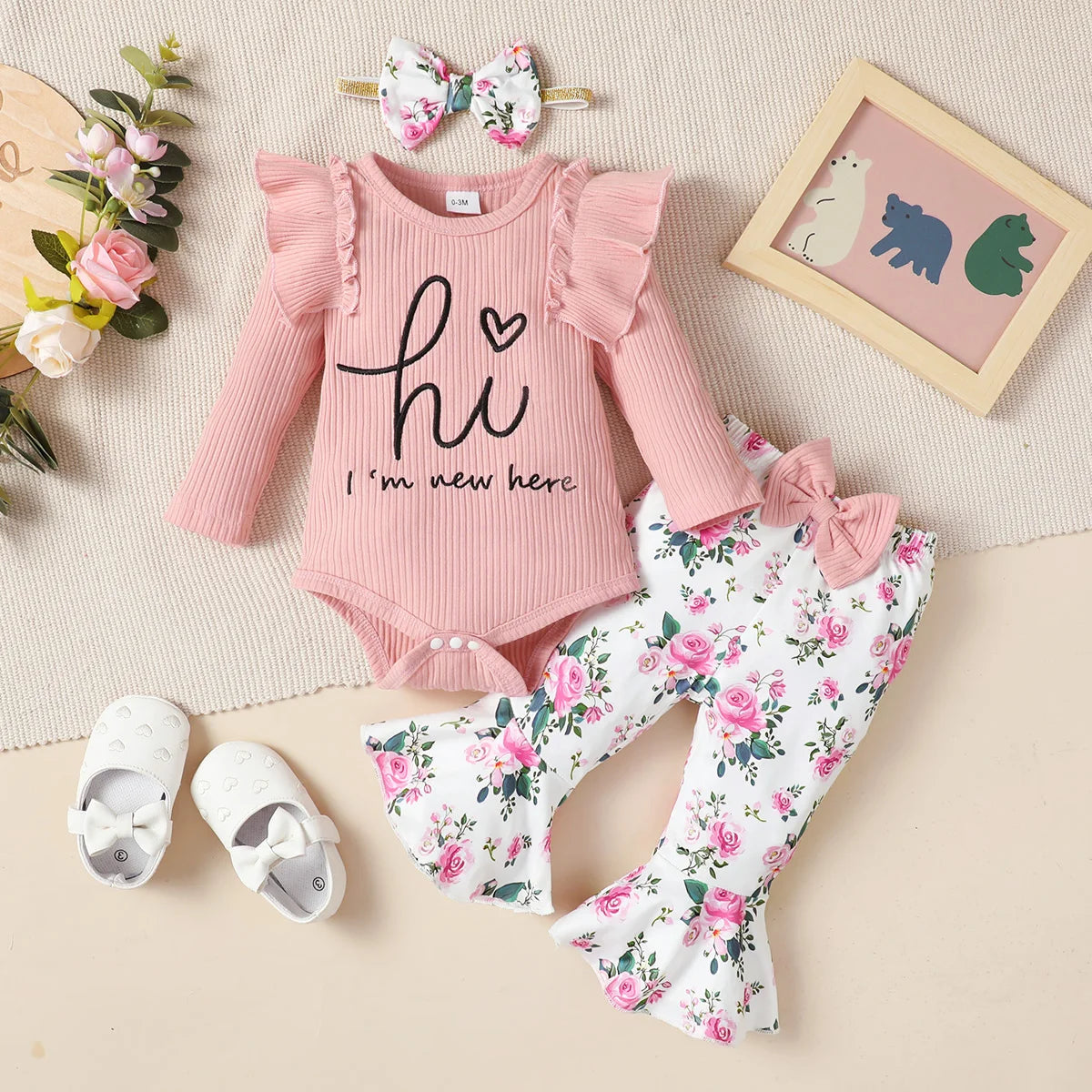 Winter  0-1  Years  Old  Infnat  Baby  Boys Long Sleeved Striped Letter Embroidered Top  And  Printed  Pants   Three-Piece Set