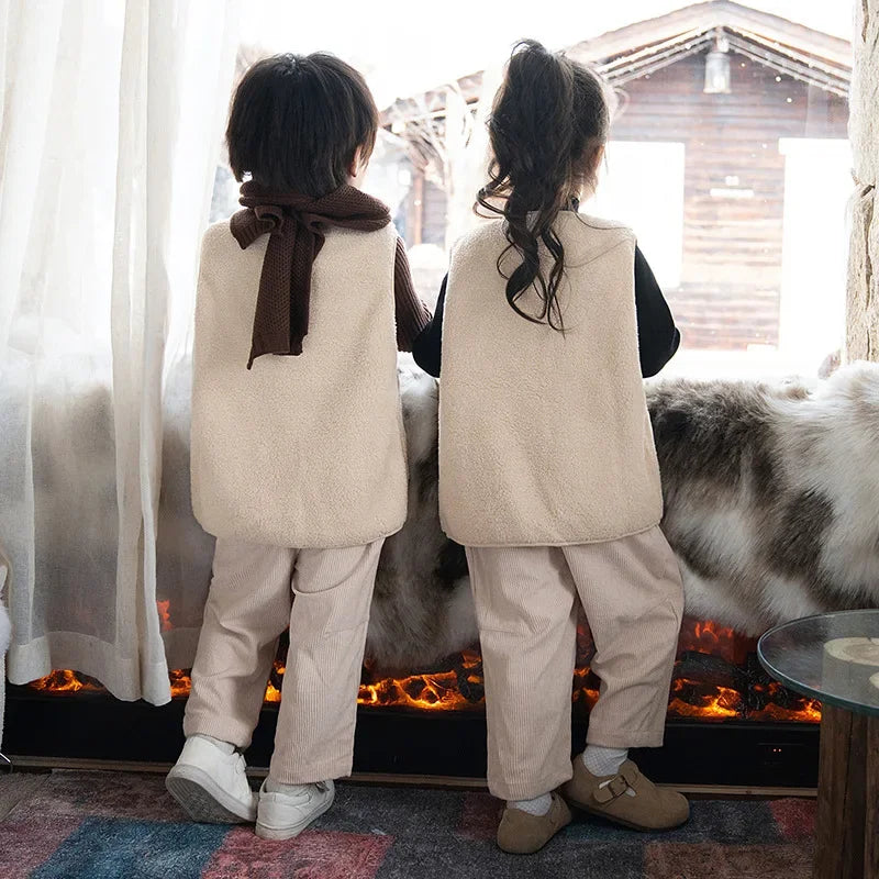 Winter Children's Outfits Kids Warm Thick Vest Coat and Knit Long Sleeve Sweater and Pants Clothes Sets Baby Girls Boys Clothing