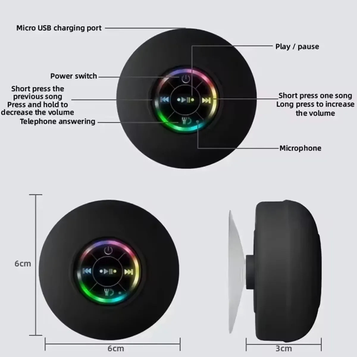 2025 Bathroom Waterproof Wireless LED Bluetooth Speaker Large Suction Cup Mini Portable Speaker Outdoor Sports Stereo Speaker