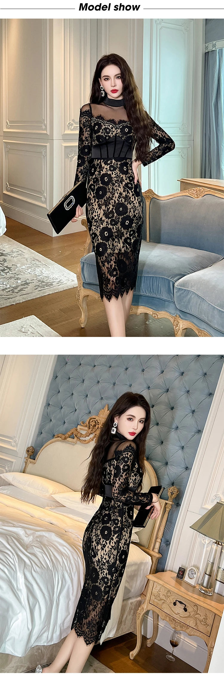 Fashion Ladies Black Lace Evening Dresses Women Clothing Elegant Chic Sexy Long Sleeve Slim Party Club Prom Dress Mujer Vestidos