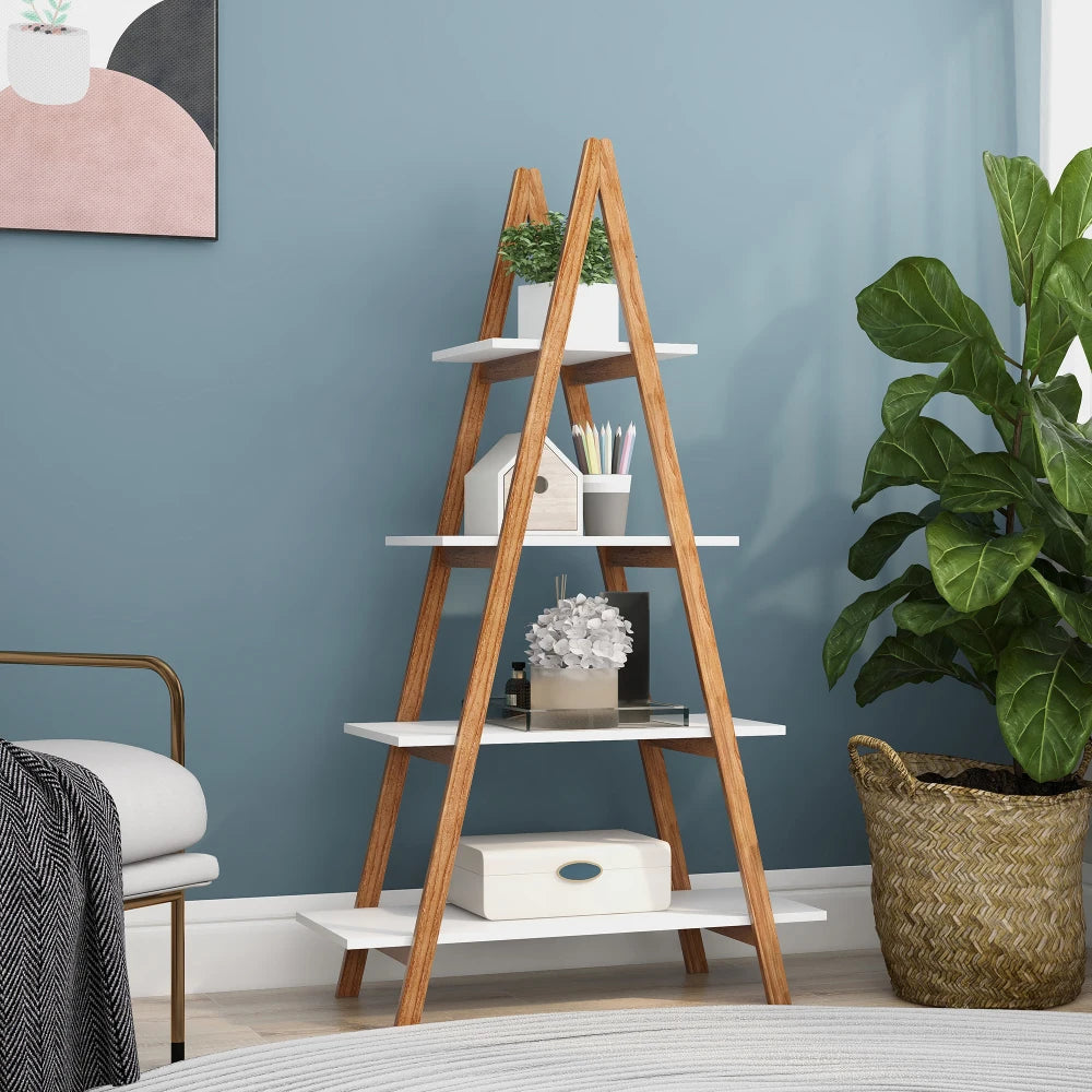 Solid Bamboo Wood Oxford “A”frame Ladder Display Bookshelf Warehouse Supermarket Kitchen Shelves Living Walnut 4 Tier Bookshelf